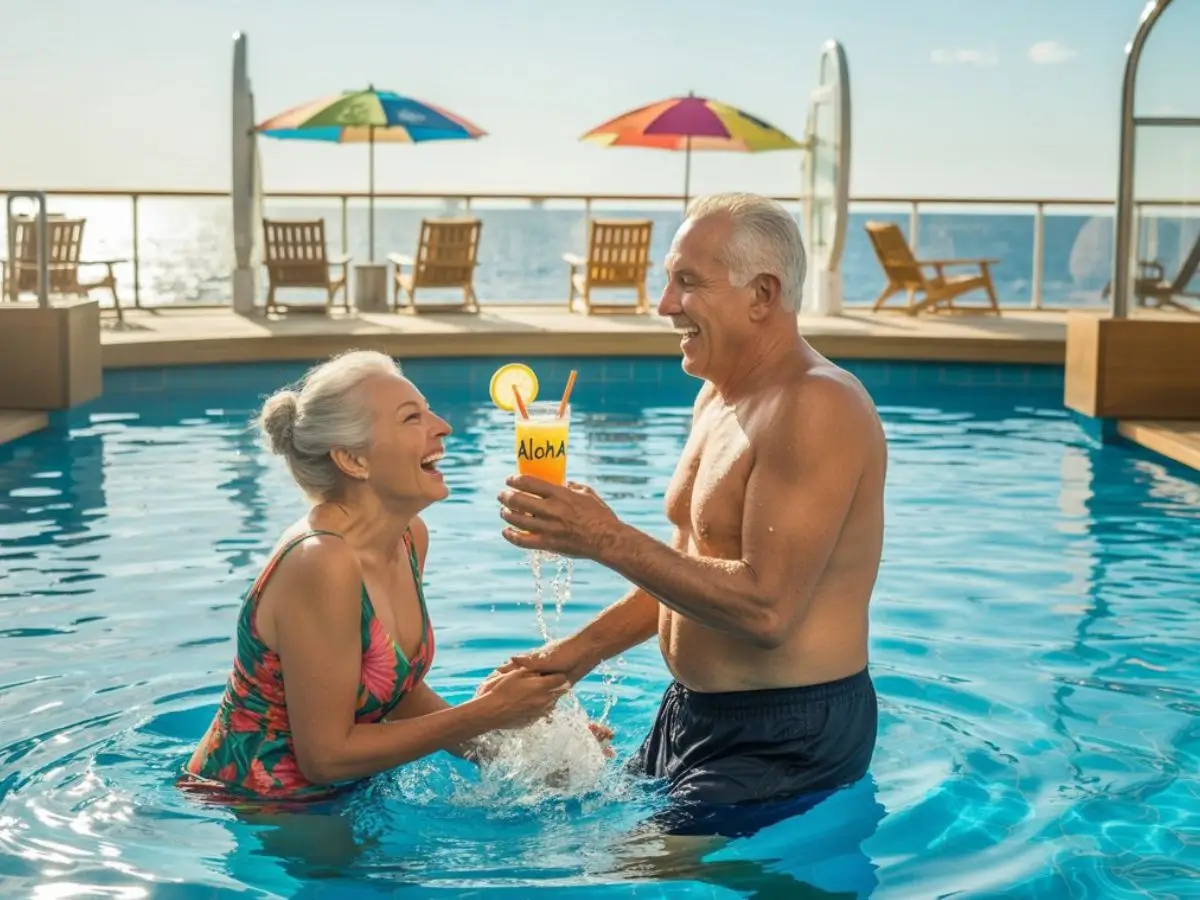 old couple enjoying pool time on cruise ship